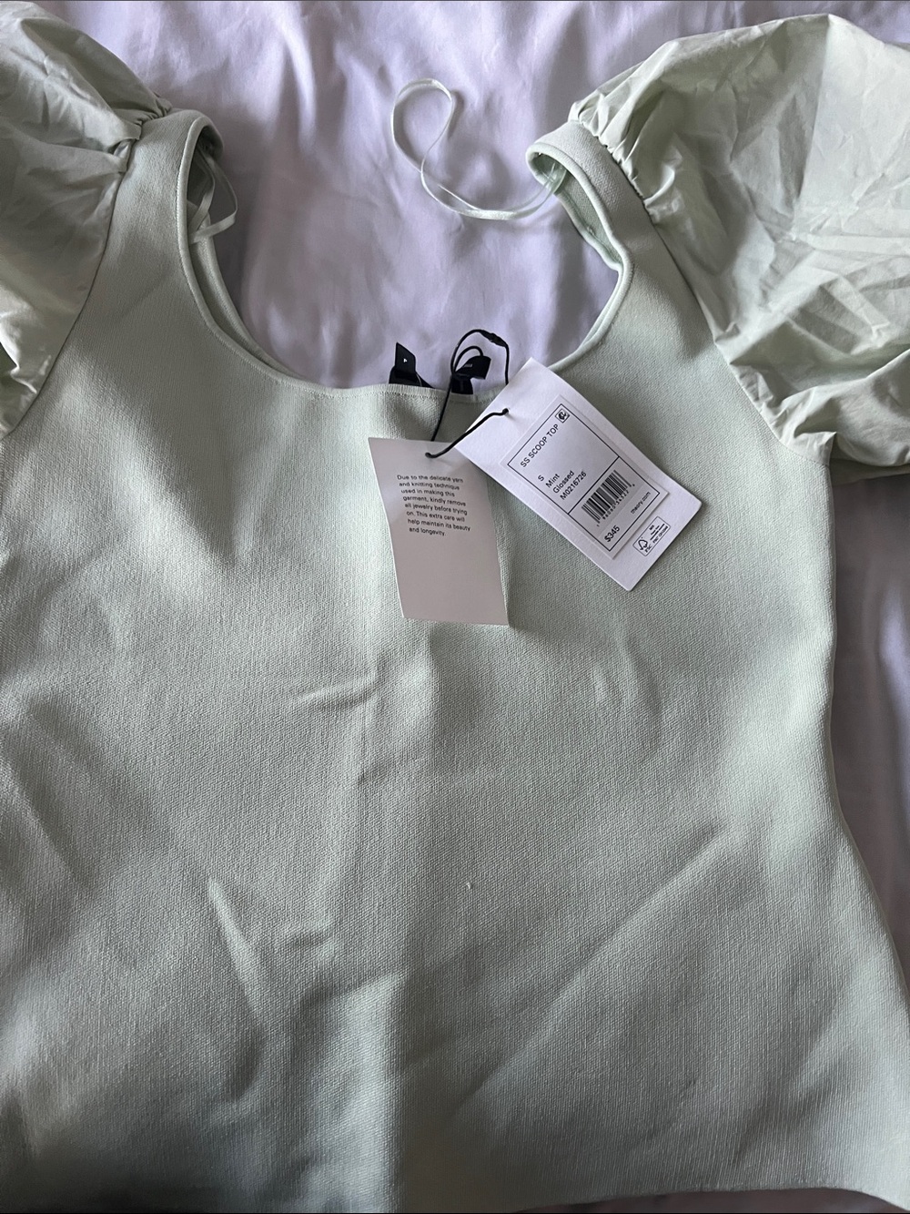 Theory Mint Green Puff-Sleeve Square Neck Blouse